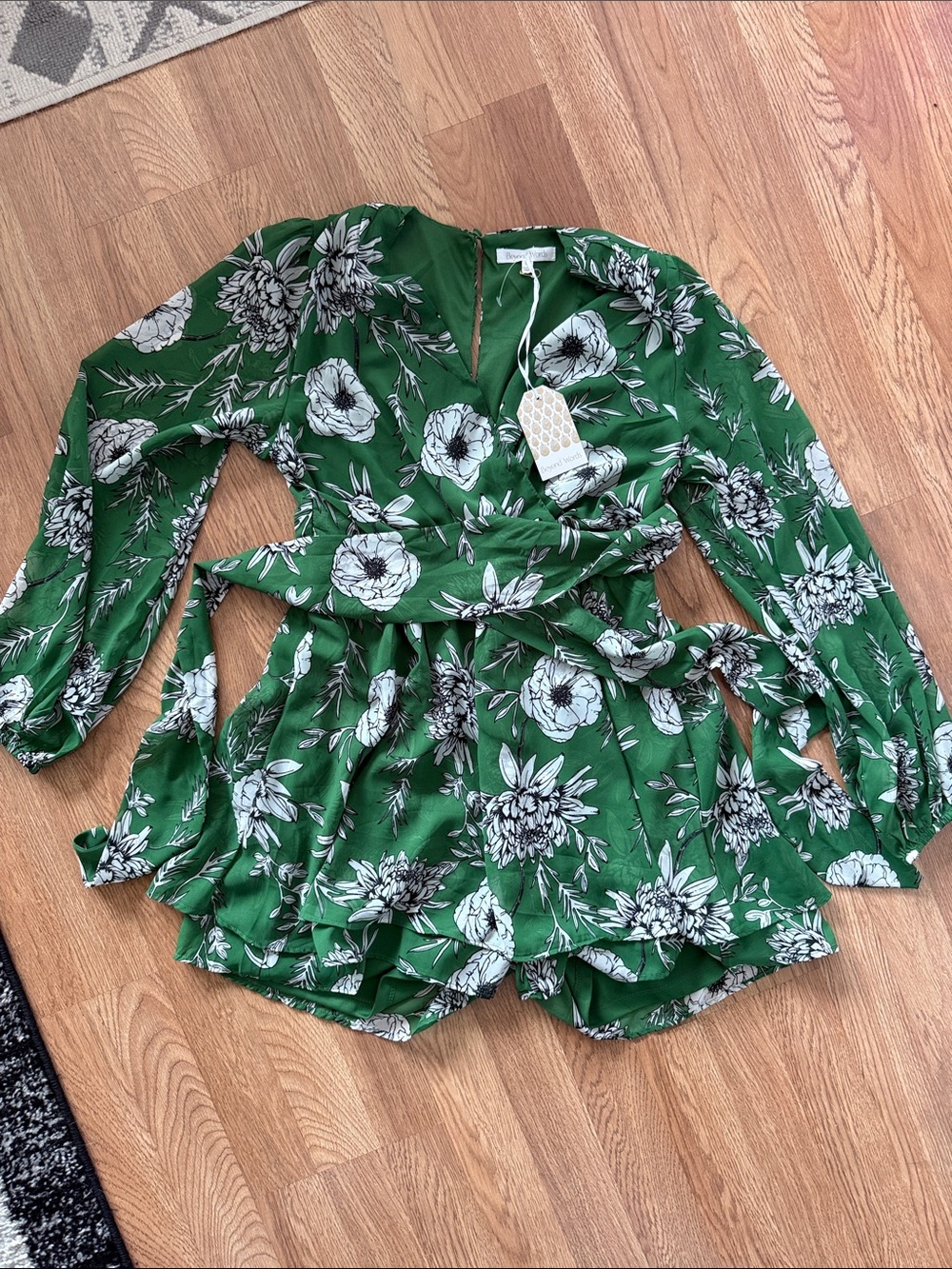 Green Floral Wrap Tunic with Self-Tie Waist
